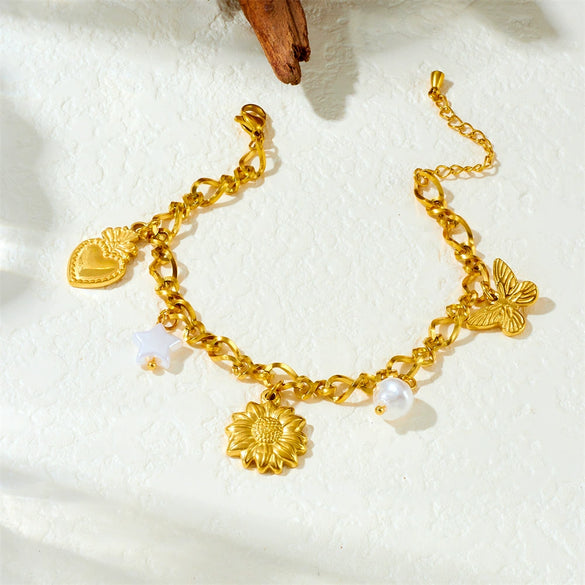 Fashion Gold Plated Stainless Steel Multi Element Flower Five Pointed Star Pendant Chain Bracelet For Women