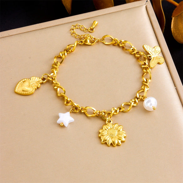 Fashion Gold Plated Stainless Steel Multi Element Flower Five Pointed Star Pendant Chain Bracelet For Women