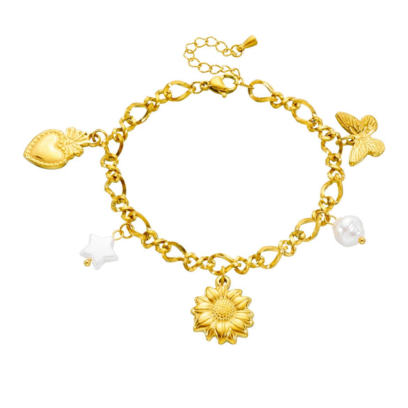 Fashion Gold Plated Stainless Steel Multi Element Flower Five Pointed Star Pendant Chain Bracelet For Women