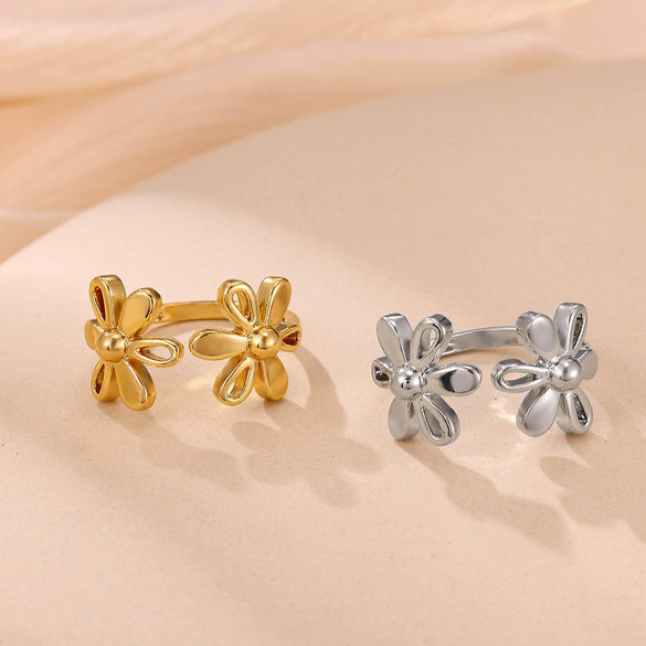 Fashion Gold Plated Titanium Steel And Stainless Steel Doublelayer Flower Open Ring Jewelry For Women