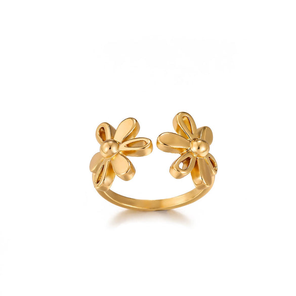 Fashion Gold Plated Titanium Steel And Stainless Steel Doublelayer Flower Open Ring Jewelry For Women