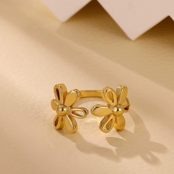 Fashion Gold Plated Titanium Steel And Stainless Steel Doublelayer Flower Open Ring Jewelry For Women