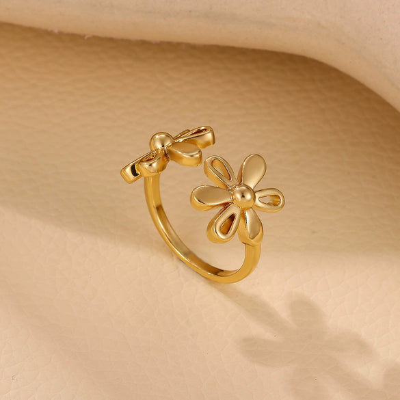 Fashion Gold Plated Titanium Steel And Stainless Steel Doublelayer Flower Open Ring Jewelry For Women