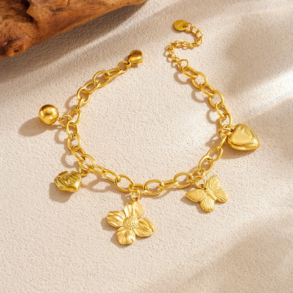 Fashion Goldplated Stainless Steel Butterfly Flower Heart Small Fish Pendant Bracelet For Women