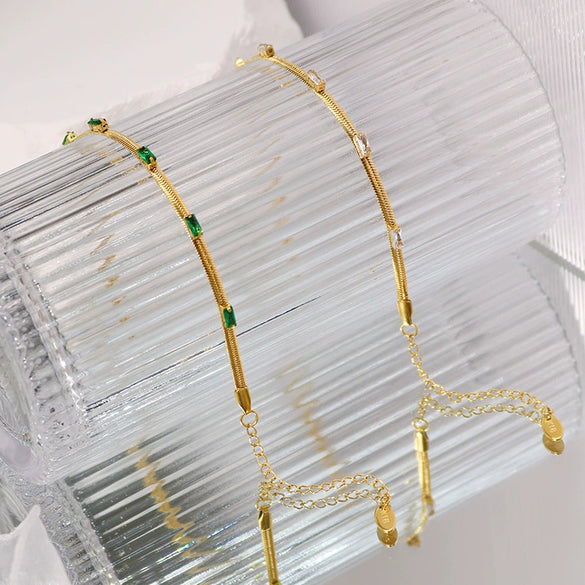 Fashion Green Zircon Inlaid Women's Stainless Steel 18K Gold Plated Bracelet