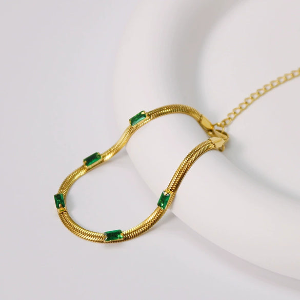 Fashion Green Zircon Inlaid Women's Stainless Steel 18K Gold Plated Bracelet