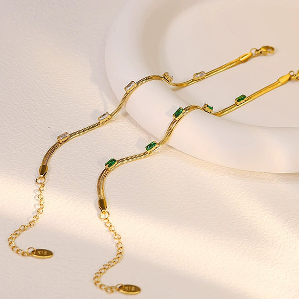 Fashion Green Zircon Inlaid Women's Stainless Steel 18K Gold Plated Bracelet