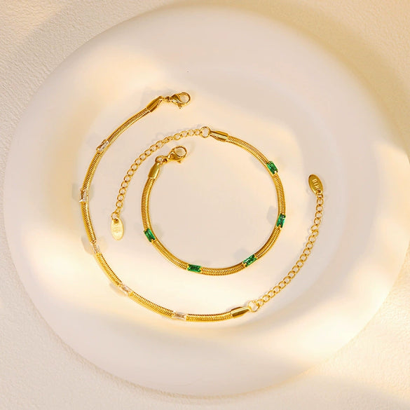 Fashion Green Zircon Inlaid Women's Stainless Steel 18K Gold Plated Bracelet