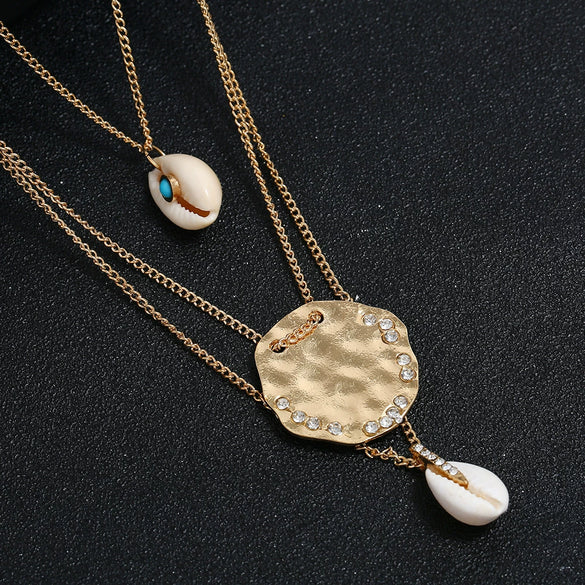 Fashion Handmade Alloy Shell Multilayer Necklace With Box Chain Electroplated Floral Pendant Jewelry For Women
