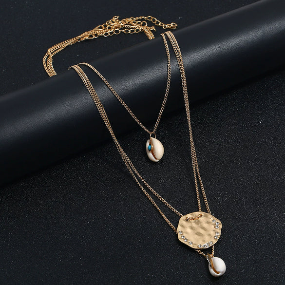 Fashion Handmade Alloy Shell Multilayer Necklace With Box Chain Electroplated Floral Pendant Jewelry For Women