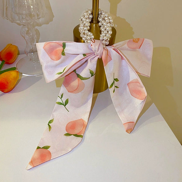 Fashion Handmade Cloth Pearl Ribbon Silk Scarf Hair Tie Elastic Hair Ring For Women