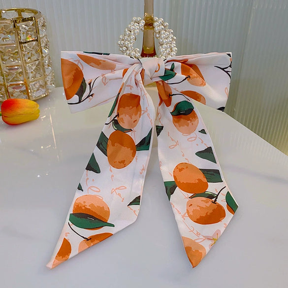 Fashion Handmade Cloth Pearl Ribbon Silk Scarf Hair Tie Elastic Hair Ring For Women