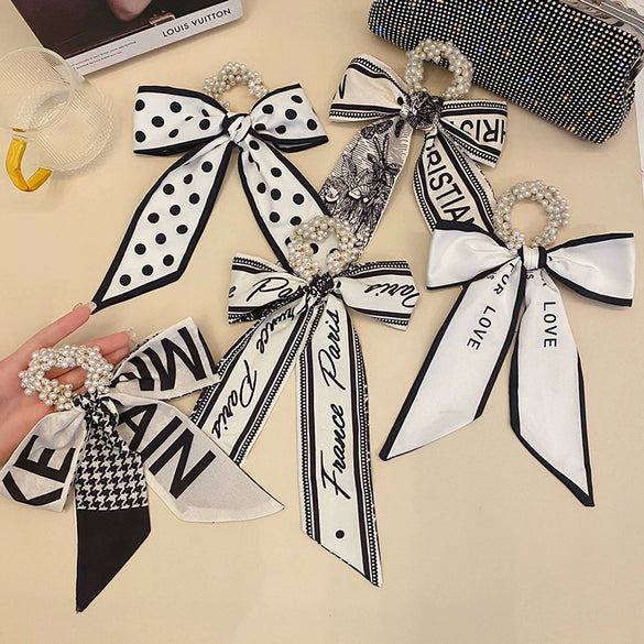 Fashion Handmade Cloth Pearl Ribbon Silk Scarf Hair Tie Elastic Hair Ring For Women