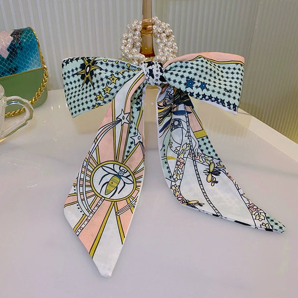 Fashion Handmade Cloth Pearl Ribbon Silk Scarf Hair Tie Elastic Hair Ring For Women