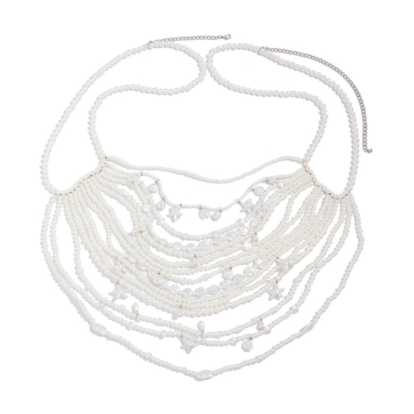 Fashion Handmade Imitation Pearl Bikini Chest And Body Chain With Starfish And Fan Shell For Women