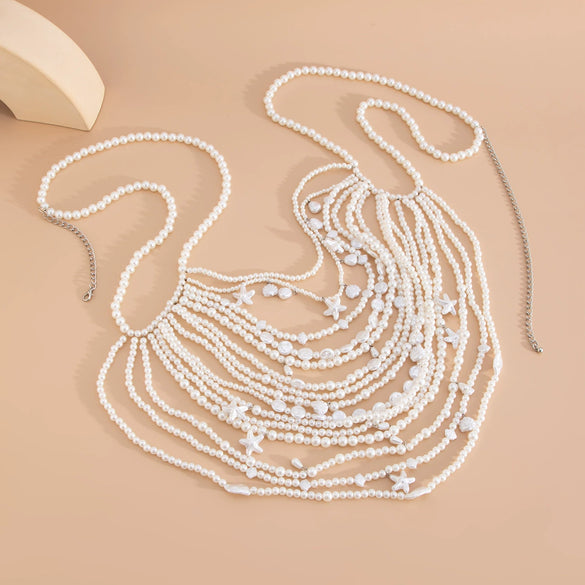 Fashion Handmade Imitation Pearl Bikini Chest And Body Chain With Starfish And Fan Shell For Women