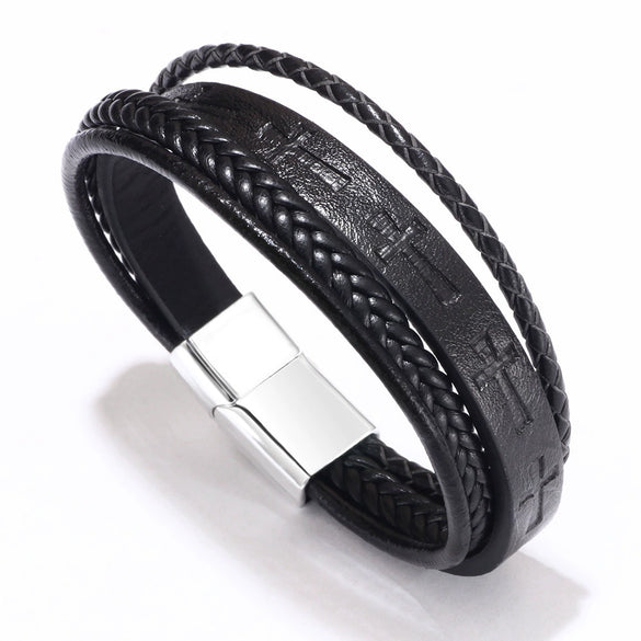Fashion Handwoven Leather Bracelet With Geometric Pattern And Alloy Magnet Buckle