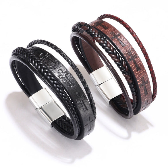 Fashion Handwoven Leather Bracelet With Geometric Pattern And Alloy Magnet Buckle