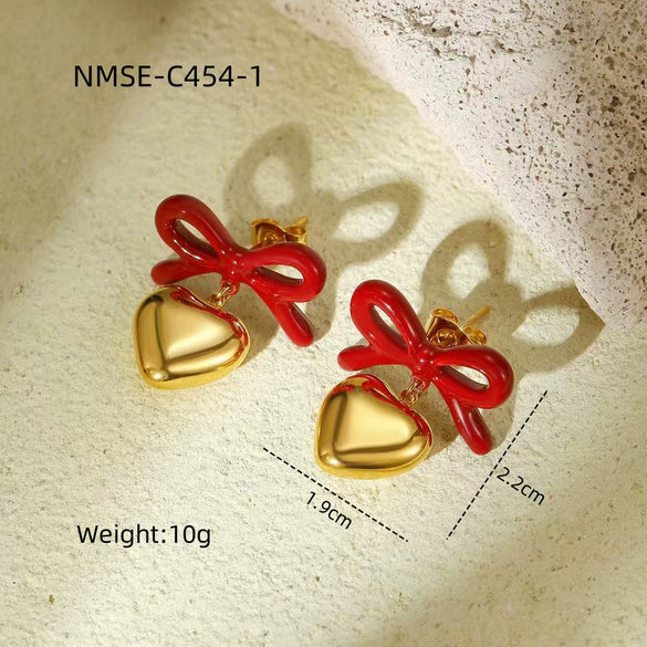 Fashion Heart Bow Stainless Steel 18K Gold Electroplated Women's Earrings