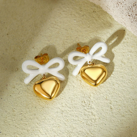 Fashion Heart Bow Stainless Steel 18K Gold Electroplated Women's Earrings