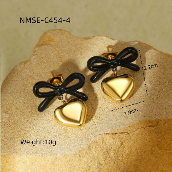 Fashion Heart Bow Stainless Steel 18K Gold Electroplated Women's Earrings