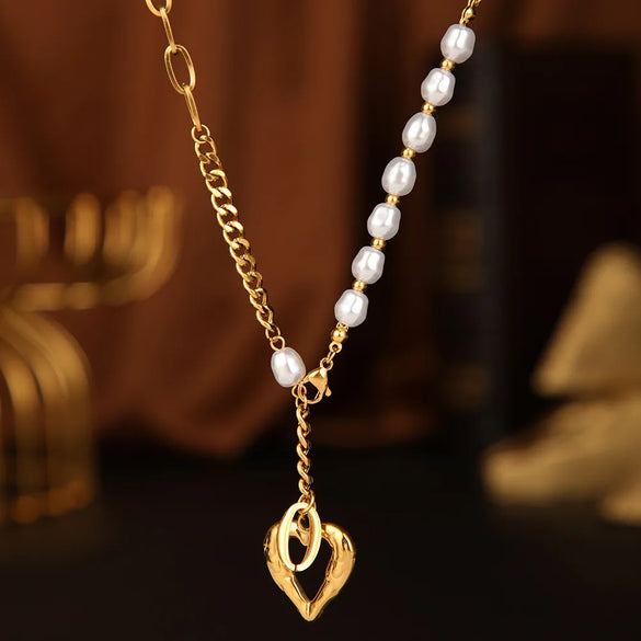Fashion Heart Shape Stainless Steel Inlay Artificial Pearls Necklace