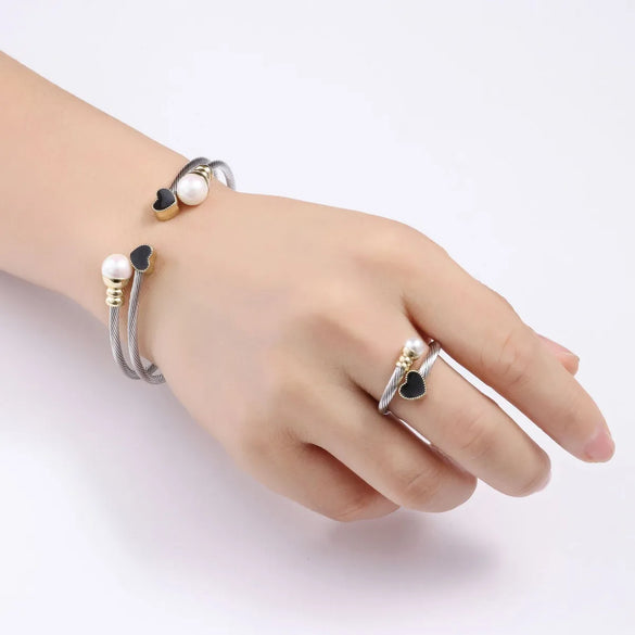 Fashion Heart Shape Stainless Steel Plating Artificial Pearls Bangle