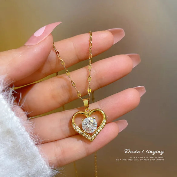 Fashion Heart Shape Titanium Steel Copper Inlay Zircon Pendant Necklace