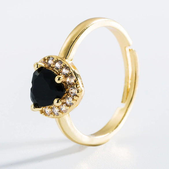 Fashion Heart Shaped Gemstone Ring Copper Gold Plated Micro Set Zircon Flower Design Adjustable Open Ring For Unisex