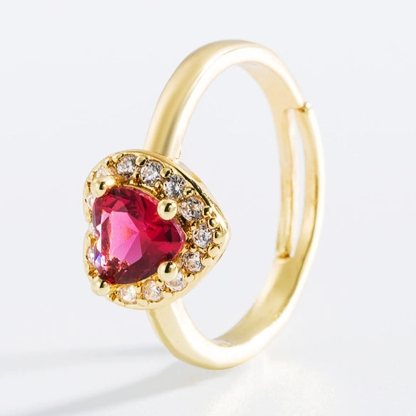 Fashion Heart Shaped Gemstone Ring Copper Gold Plated Micro Set Zircon Flower Design Adjustable Open Ring For Unisex