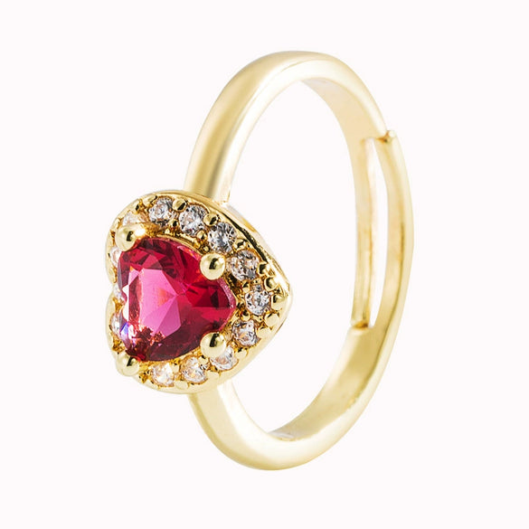 Fashion Heart Shaped Gemstone Ring Copper Gold Plated Micro Set Zircon Flower Design Adjustable Open Ring For Unisex