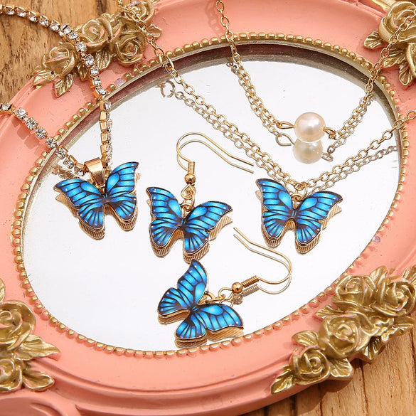Fashion High Grade Acrylic Butterfly Pearl Pendant Necklace Earrings Bracelet Set In Alloy With Electroplating Treatment