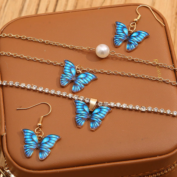 Fashion High Grade Acrylic Butterfly Pearl Pendant Necklace Earrings Bracelet Set In Alloy With Electroplating Treatment