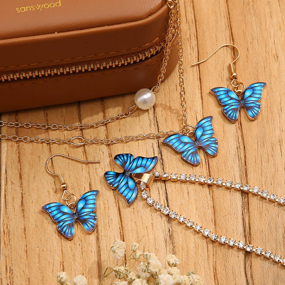 Fashion High Grade Acrylic Butterfly Pearl Pendant Necklace Earrings Bracelet Set In Alloy With Electroplating Treatment
