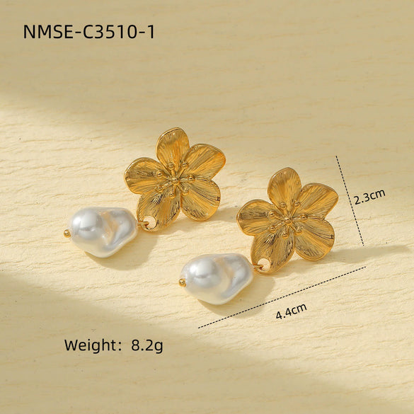 Fashion Highend Pearl Flower Stainless Steel 18K Gold Electroplated Women's Earrings Set