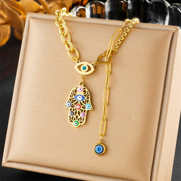 Fashion Highend Retro Doublelayered Goldplated Stainless Steel Palm Eye Pendant Necklace