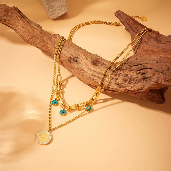 Fashion Highend Retro Doublelayered Goldplated Stainless Steel Palm Eye Pendant Necklace