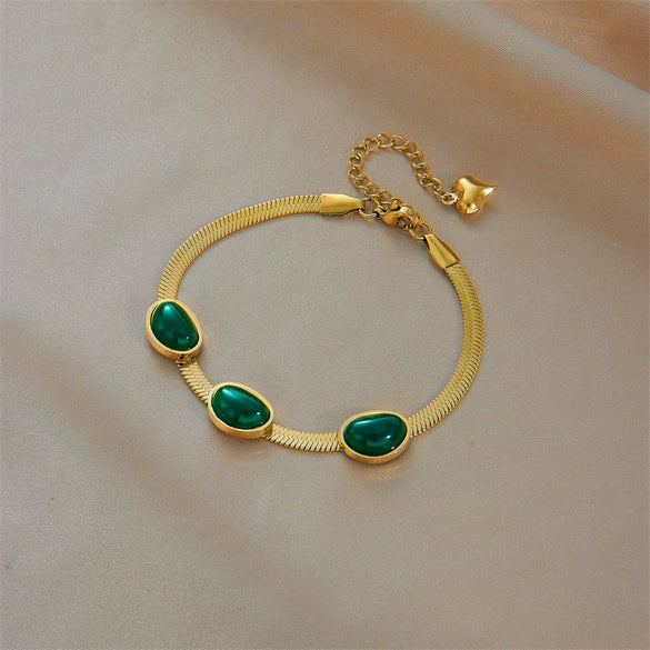 Fashion Highend Retro Simple Emerald Titanium Steel Blade Chain Bracelet For Women With Electroplating