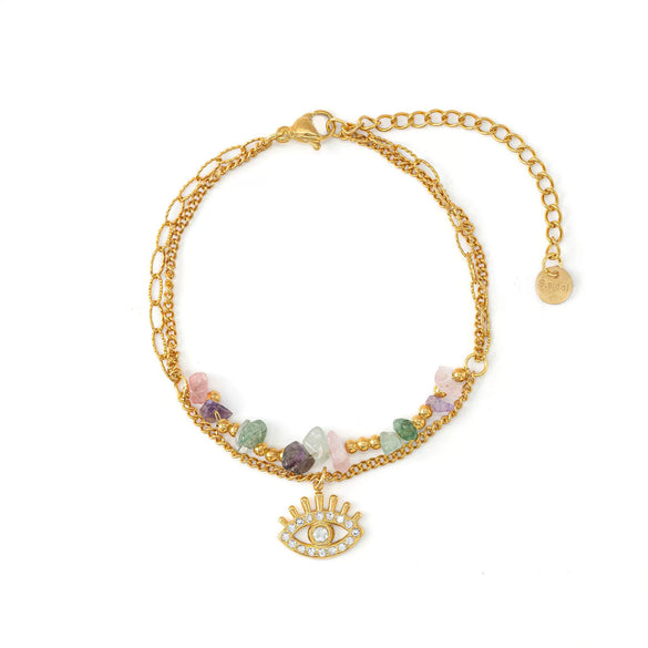 Fashion Highend Women's Stainless Steel And 18K Gold Bracelet With Zircon Inlaid Eyes Natural Stone Beads And Electroplating Treatment