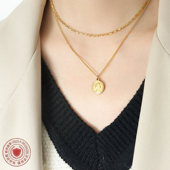 Fashion Hip Hop Double Chain Necklace With Geometric Queen Portrait Round Oval Pendant Electroplated Titanium Steel Jewelry For Women