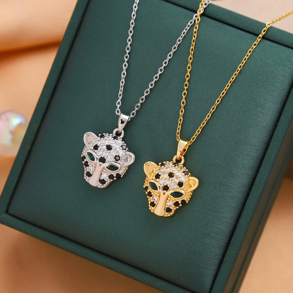 Fashion Hiphop Leopard Head Titanium Steel Oshaped Chain Necklace With Mixed Gemstone Inlay Pendant Electroplated Geometric Design Unisex
