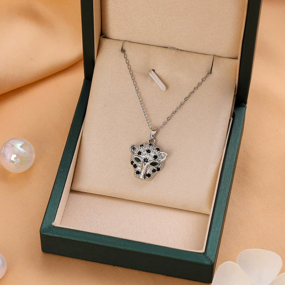 Fashion Hiphop Leopard Head Titanium Steel Oshaped Chain Necklace With Mixed Gemstone Inlay Pendant Electroplated Geometric Design Unisex