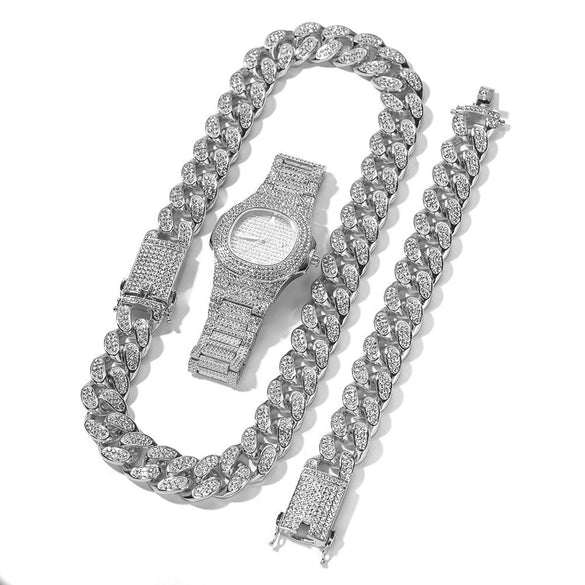 Fashion Hiphop Style Alloy And Stainless Steel Rectangle Dial Watch Bracelet Necklace Set
