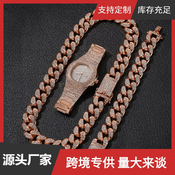 Fashion Hiphop Style Alloy And Stainless Steel Rectangle Dial Watch Bracelet Necklace Set