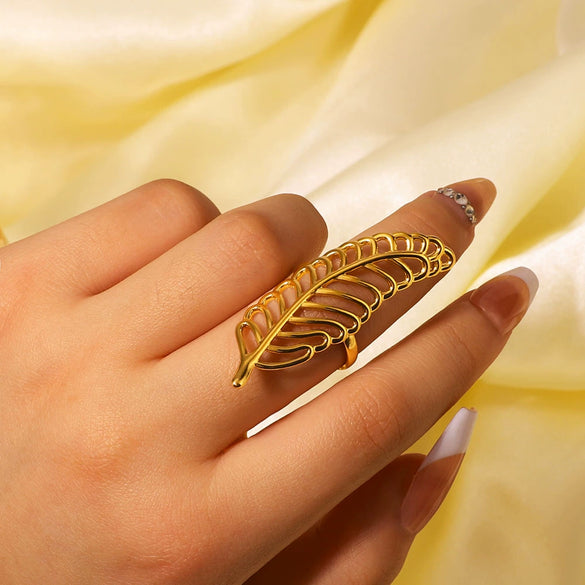 Fashion Hollow Asymmetric Blade Stainless Steel Ring With Twisted Line Cold Wind Personality Leaves Wave Geometric Pattern Electroplating For Women And Unisex