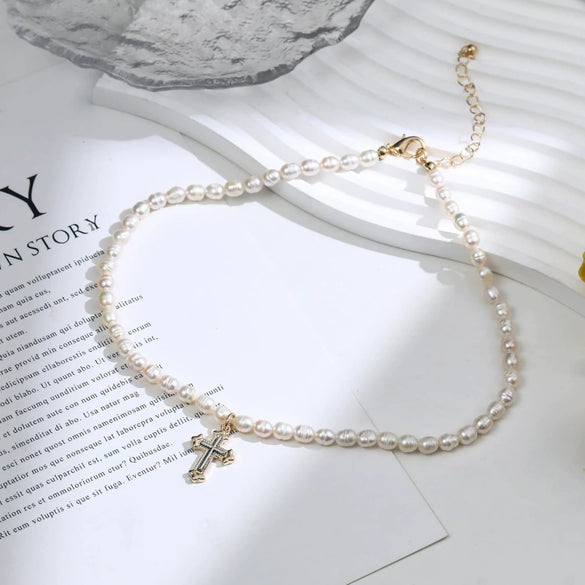 Fashion Imitation Pearl Bead Chain Necklace With Retro Cross Pendant Handmade Geometric Fairy Style Jewelry For Women