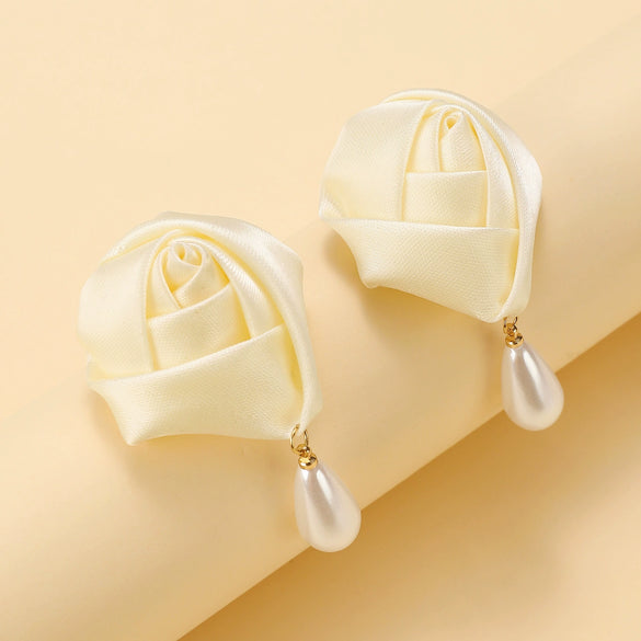 Fashion Imitation Pearl Fabric Rose Handmade Women's Earrings