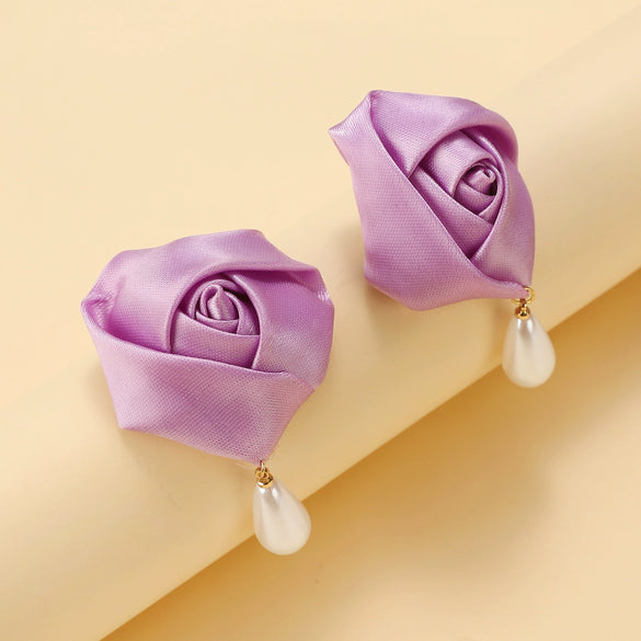 Fashion Imitation Pearl Fabric Rose Handmade Women's Earrings