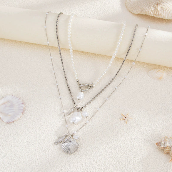 Fashion Imitation Pearl Shell Fish Beach Wind Necklace Alloy Geometric Electroplating Women's