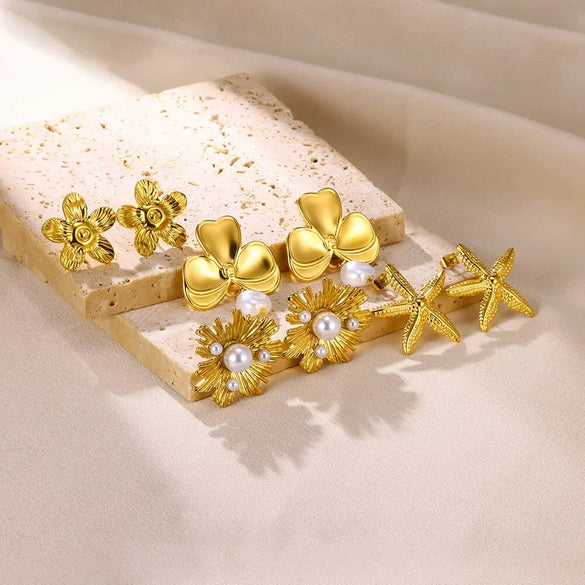 Fashion Imitation Pearl Stainless Steel 18K Gold Electroplated Women's Petal Earrings